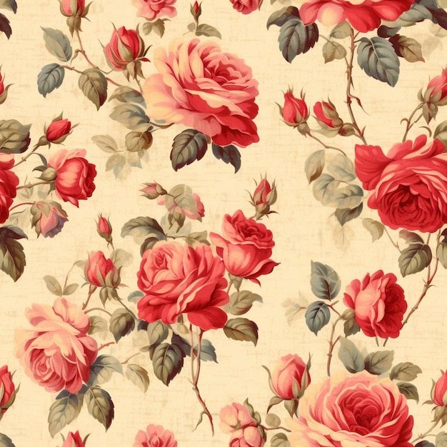 A close up of a floral pattern with red roses on a beige background generative ai