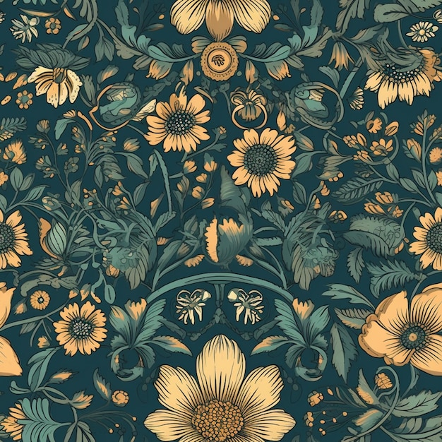 파란색 배경에 노란색 꽃이 있는 꽃 패턴의 클로즈업