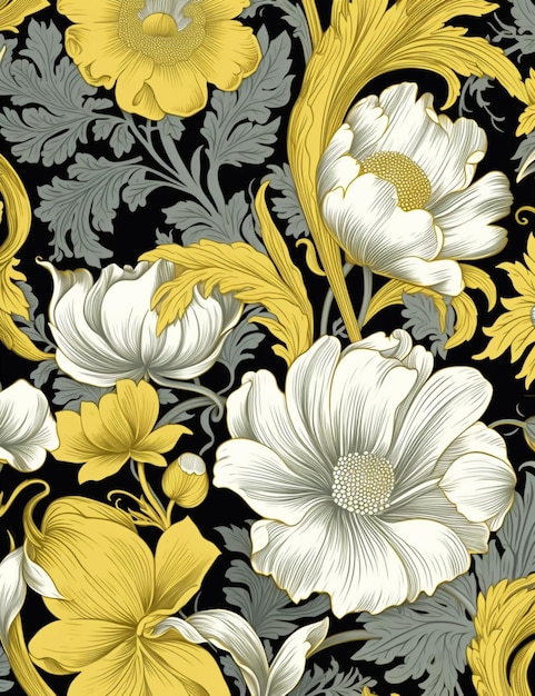 A close up of a floral pattern with yellow and white flowers generative ai
