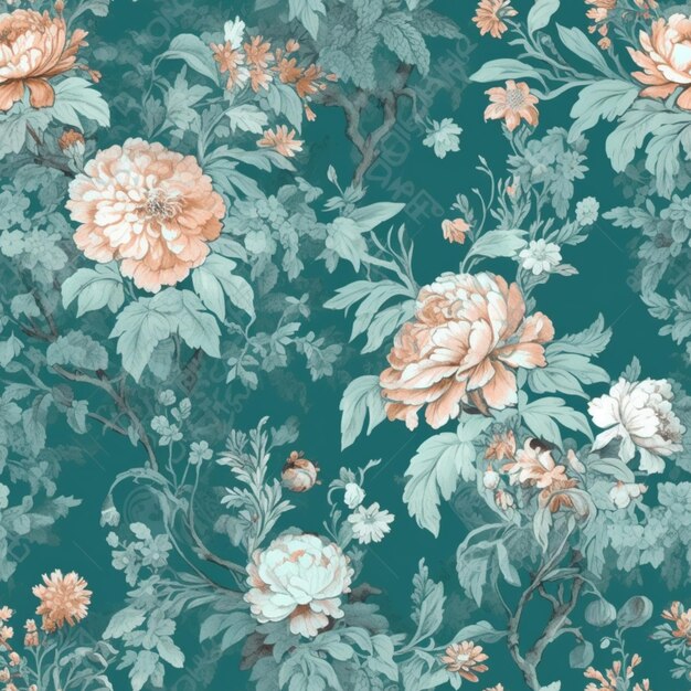 A close up of a floral wallpaper with a blue background generative ai