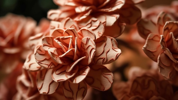 A close up of a flower arrangement with a red and white pattern.