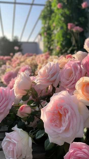 A close up of a flower bed with pink roses