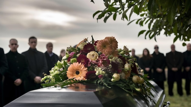 Foto close-up di un bouquet di fiori su una bara con persone vestite di nero sullo sfondo di un funerale all'aperto