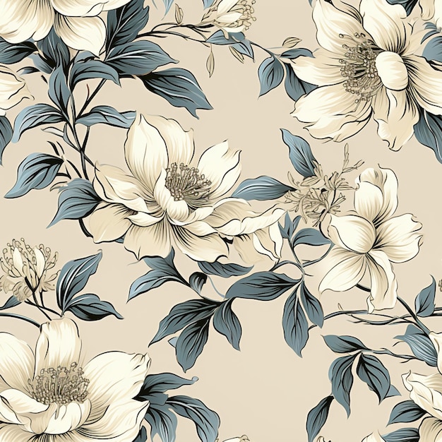 a close up of a flower pattern with blue leaves and flowers generativ ai