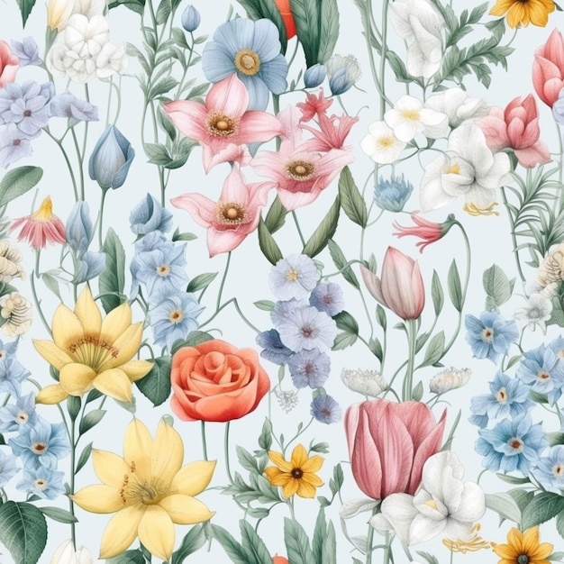 A close up of a flower pattern with many different flowers generative ai