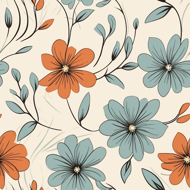 A close up of a flower pattern with orange and blue flowers generative ai