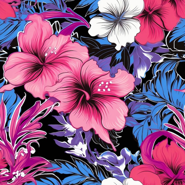 분홍색과 파란색 꽃 생성 ai가 있는 꽃 패턴의 클로즈업