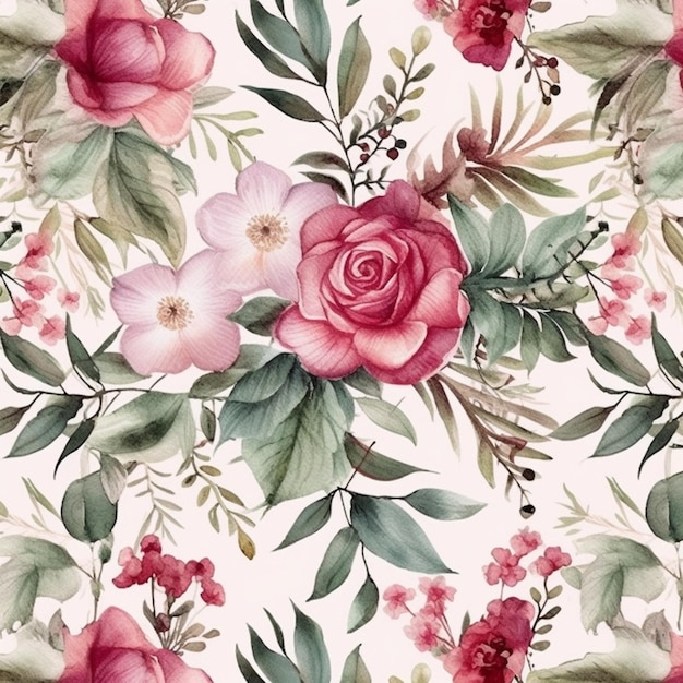 분홍색 꽃과 녹색 잎이 있는 꽃 패턴 클로즈업 생성 ai