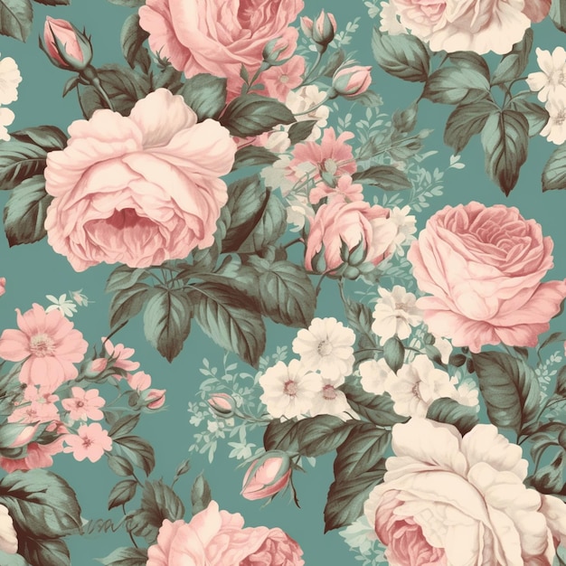 a close up of a flower pattern with pink roses on a blue background generative ai