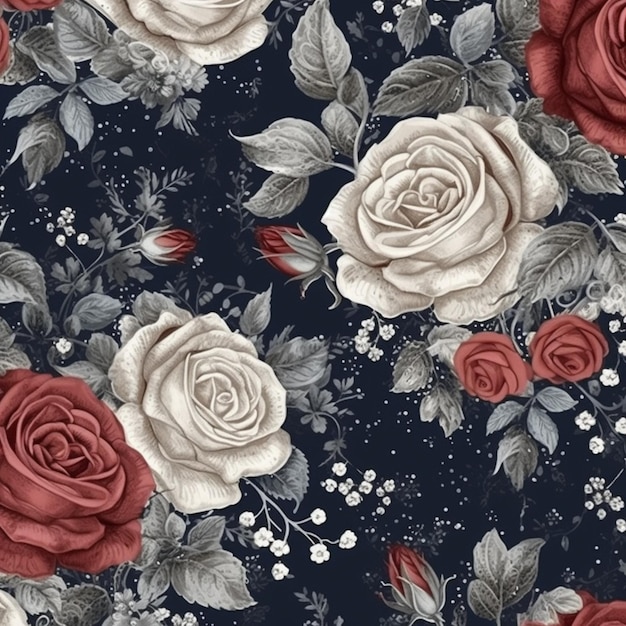 A close up of a flower pattern with red and white roses generative ai