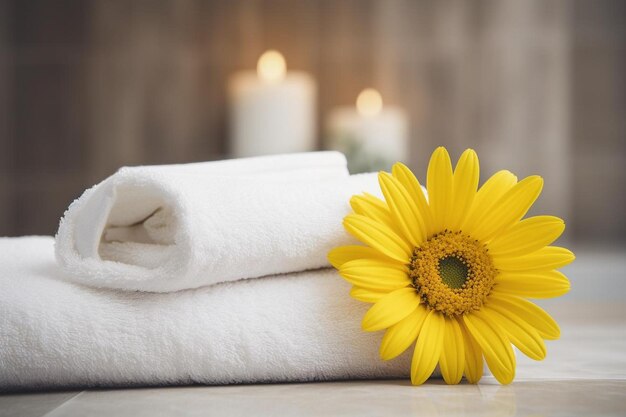 Close up flower next to towels