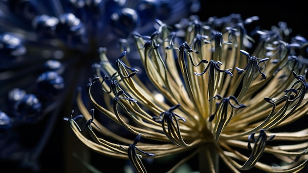 A close up of a flower with the blue flower in the background