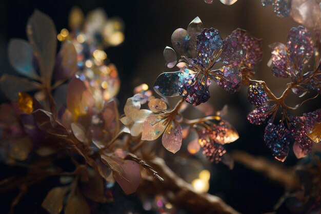 A close up of a flower with crystals on it