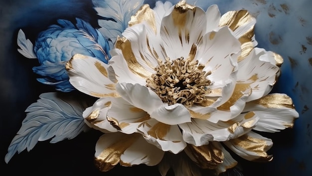 A close up of a flower with gold leaf