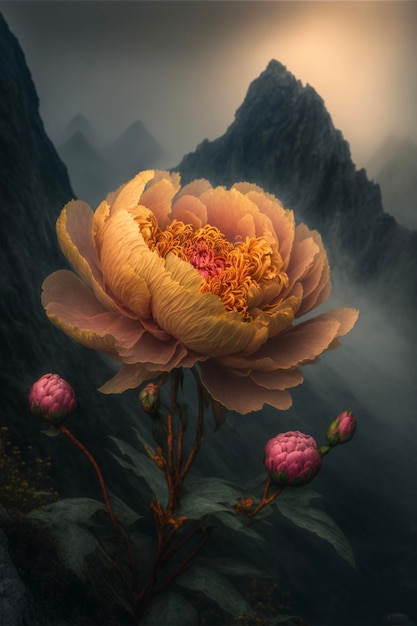 Close up of a flower with mountains in the background generative ai