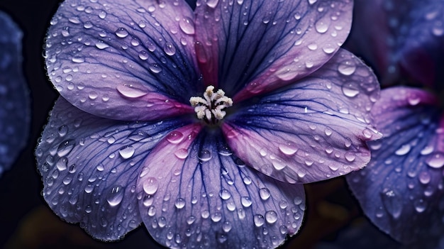 A close up of a flower with a purple center