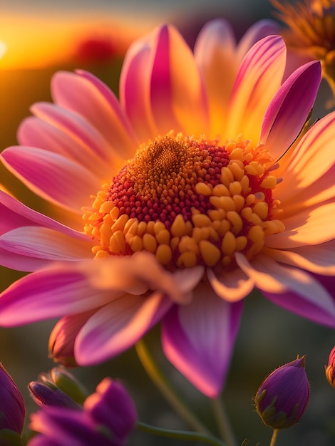 A close up of a flower with a yellow center