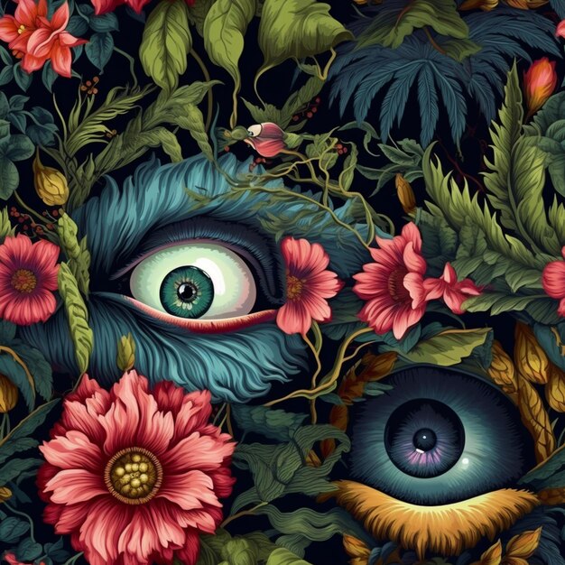 A close up of a flowered background with an eye in the middle generative ai