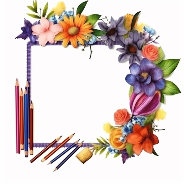 A close up of a flowered frame with pencils and flowers generative ai