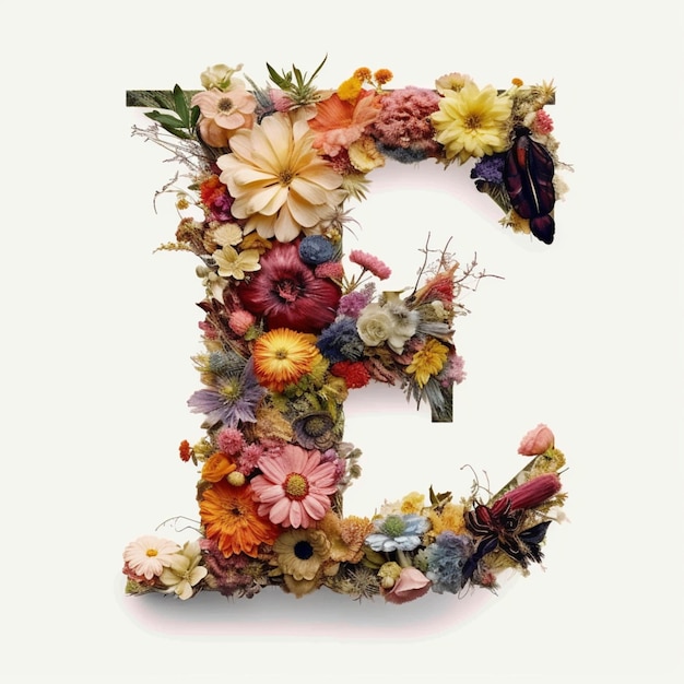 Photo a close up of a flowered letter e with a butterfly on top generative ai