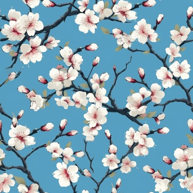 A close up of a flowered tree branch against a blue sky generative ai