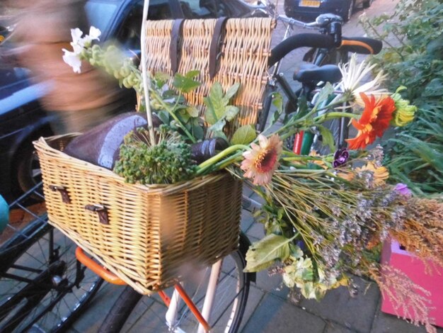 Photo close-up of flowers in bicycle basket