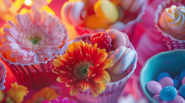Photo close up of flowers and candies in various containers generative ai