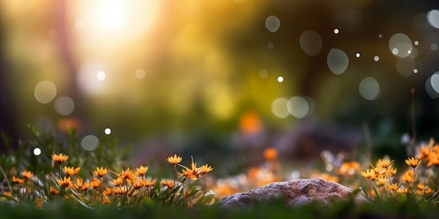 A close up of flowers in a field with a blurred background