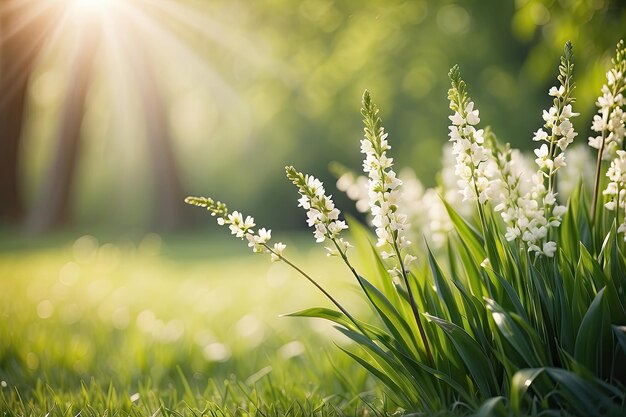 草の中の花のクローズアップで太陽が彼らの後ろにあります