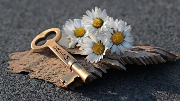 Close-up of flowers and key on table