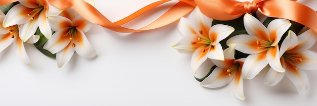 close up flowers and orange silk ribbon on white panoramic background flat lay top view composition