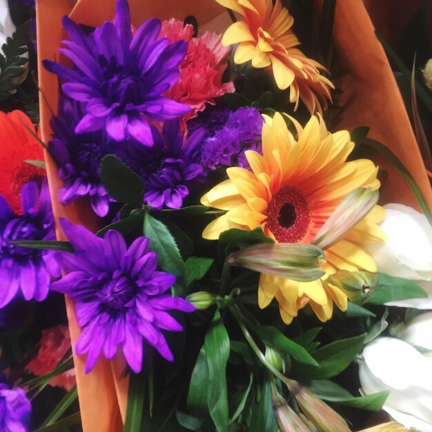 Foto prossimo piano di fiori in sacchetto di carta