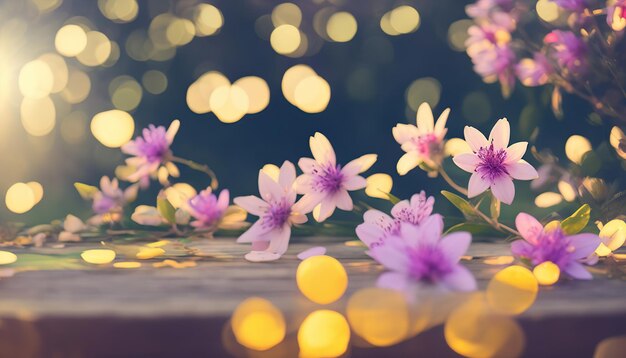 Foto un primo piano di fiori su un tavolo con luci sullo sfondo