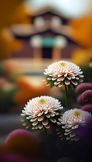 Close up of flowers with a building in the background generative ai