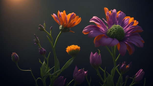 A close up of flowers with a dark background