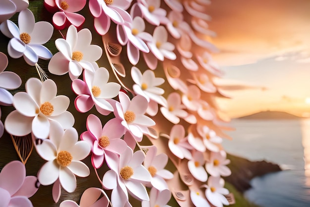 A close up of flowers with the sunset in the background