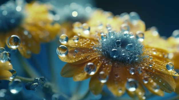 A close up of flowers with water droplets on them