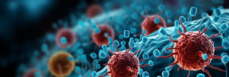 Photo close up of flu covid 19 virus cell on background of coronavirus and influenza outbreak
