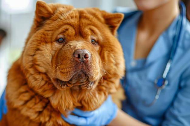 Photo close up of fluffy chow chow dog with owner purebred pet care veterinary concept canine