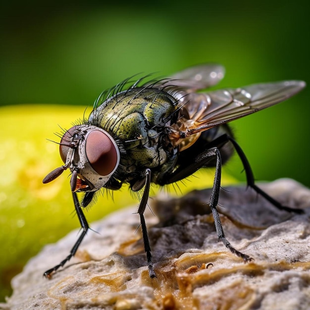 a close up of a fly on a rock