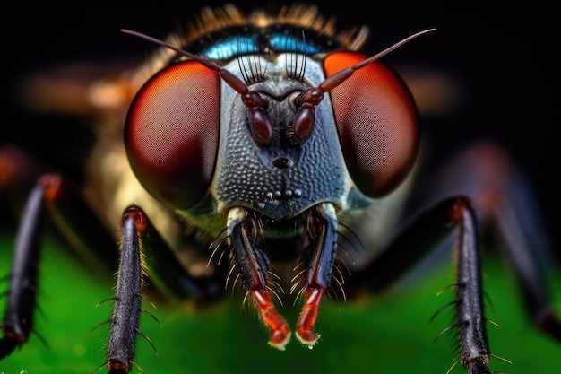 A close up of a fly's eyes and a green background