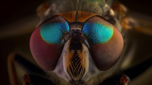 A close up of a fly with blue eyes