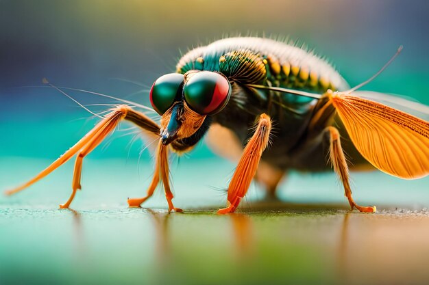 A close up of a fly with a green background