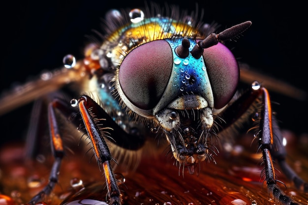 A close up of a fly with a red background