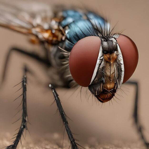 a close up of a fly with a red nose and a blue nose