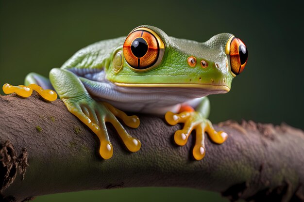 Close up of a flying frogs face on a limb of a javan tree