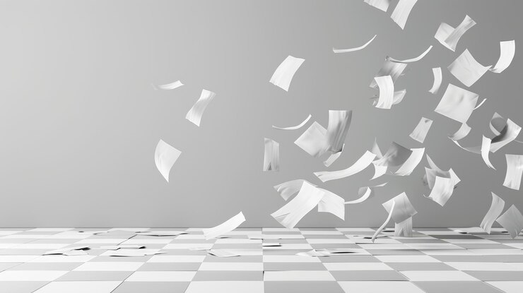 close up of flying paper and stack of papers on white background