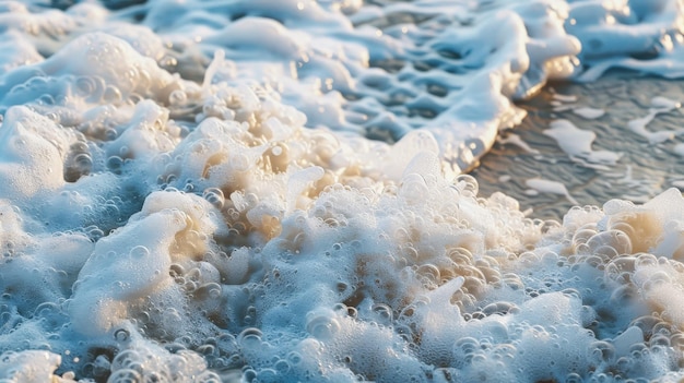 a close up of a foamy wave on the beach