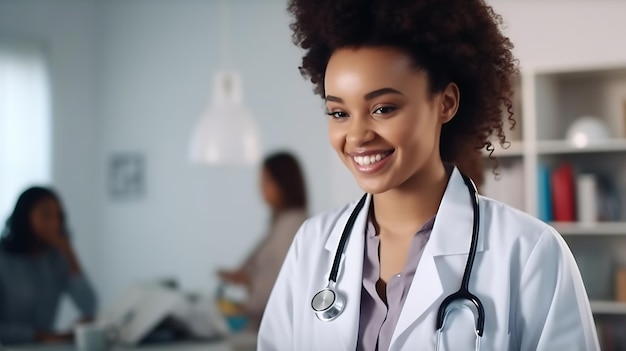 색 코트를 입은 웃는 아프리카 여성 의사를 근접적으로 초점을 맞추고 목 화장실에 스테토스코프를 장착합니다.