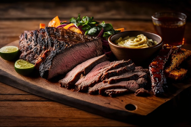 Close up focus grilled meat thin sliced on wooden board